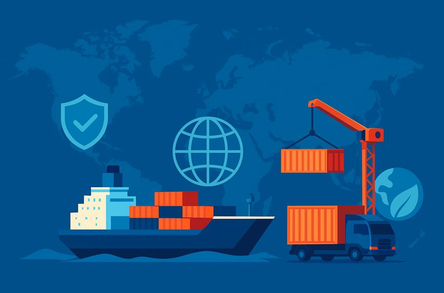 Illustration of a global container shipping and logistics network
